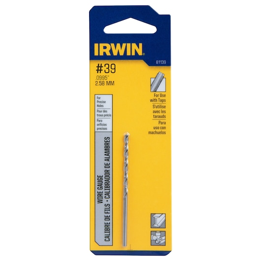IRWIN 81139 wire gauge drill bit size #39, 2.58 mm, in yellow and blue retail packaging, front view.