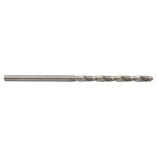 Photo of IRWIN metal drill bit 81142, silver, straight shank, spiral design, side view on white background.