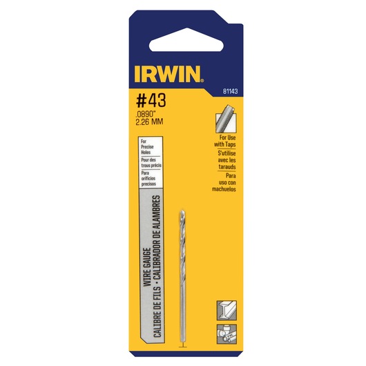 IRWIN 81143 wire gauge drill bit, #43 size, 0.0890 inch or 2.26 mm, shown in front packaging with yellow and blue design.
