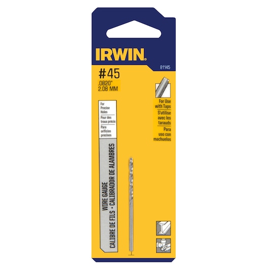 IRWIN 81145 wire gauge drill bit #45, 2.08 mm size, front angle on white background, in retail packaging.