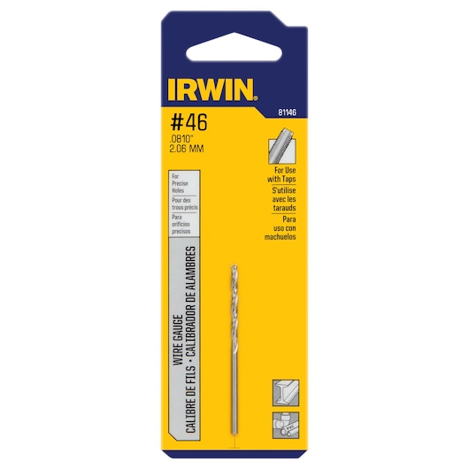 IRWIN 81146 wire gauge drill bit in yellow and blue retail packaging, front angle with visible bit and size details.