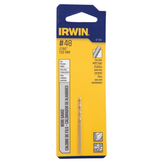 IRWIN 81148 wire gauge drill bit in yellow and blue packaging, front angle.