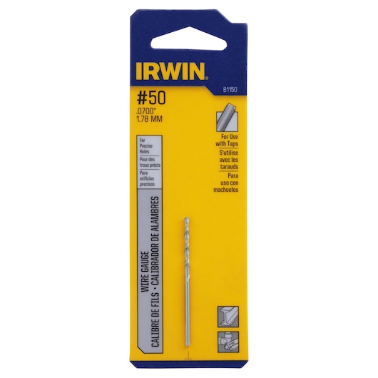Photo of IRWIN 81150 wire gauge drill bit #50, 0.070 inch, 1.78 mm, in yellow and blue packaging, front angle.
