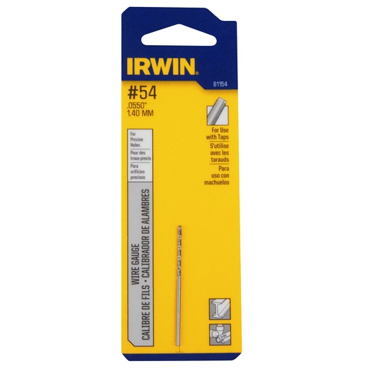 IRWIN wire gauge drill bit, SKU 81154, yellow and blue packaging, front view, photography category