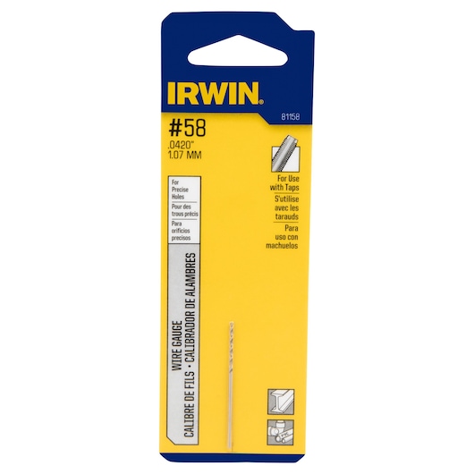 IRWIN wire gauge drill bit 81158, #58 size, 0.0420 inch, yellow and blue packaging, front angle.