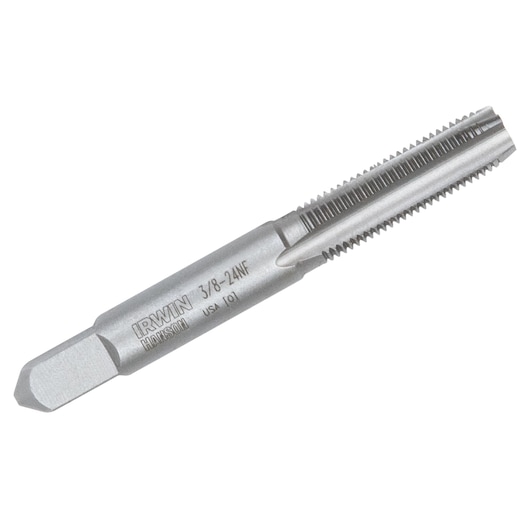 Photo of IRWIN SKU 8136 high speed steel tap tool, silver, angled on white background.