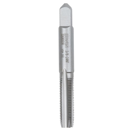 IRWIN 8136 steel threading tap, straight-on angle, silver color, detailed grooves, tool category.