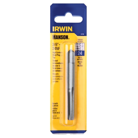 IRWIN 8136 high carbon steel plug tap, 3/8-24NF, in retail packaging, front view.