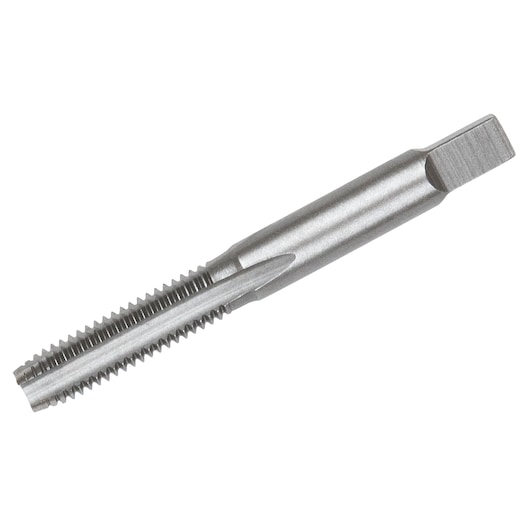 IRWIN 8334 steel threading tap, silver, straight flute, side angle on white background.
