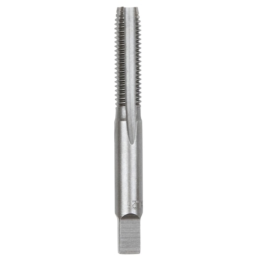 IRWIN 8334 straight flute tap, silver metal, front angle photography on white background.