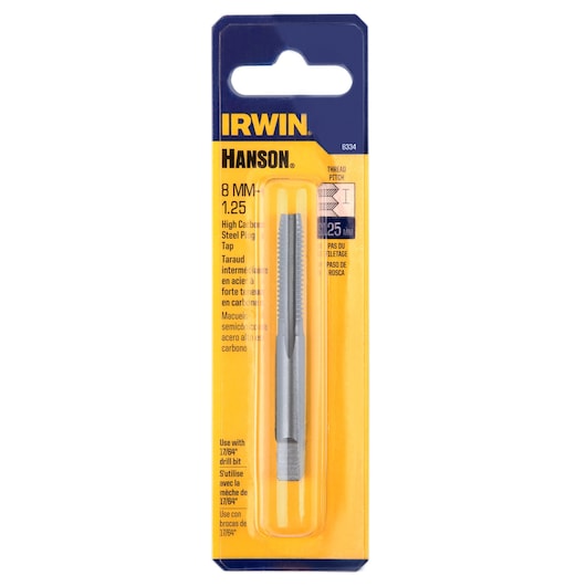 IRWIN 8334 steel plug tap 8mm x 1.25 in retail packaging, front view on white background.
