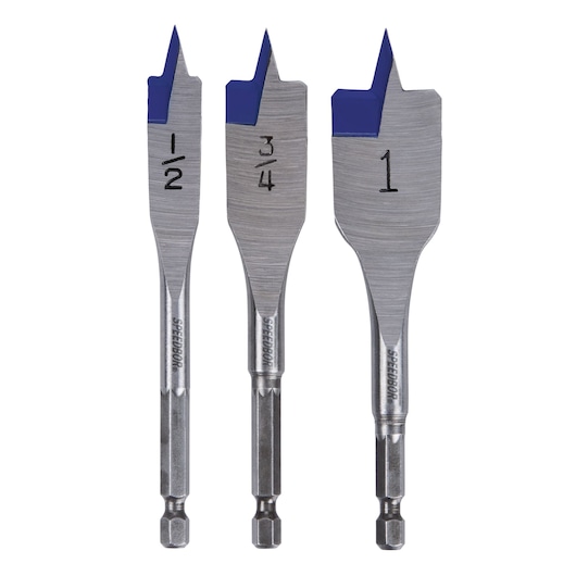 IRWIN 87950 flat wood drill bit set with three bits, blue tips, front view on white background.