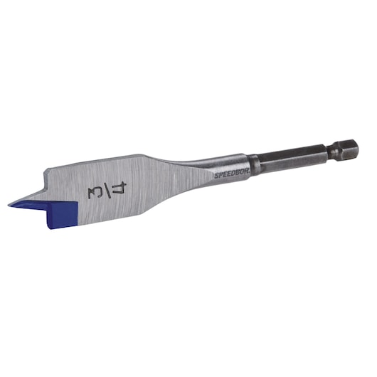 IRWIN paddle drill bit 87950 with blue tip, silver body, hex shank, side angle on white background.