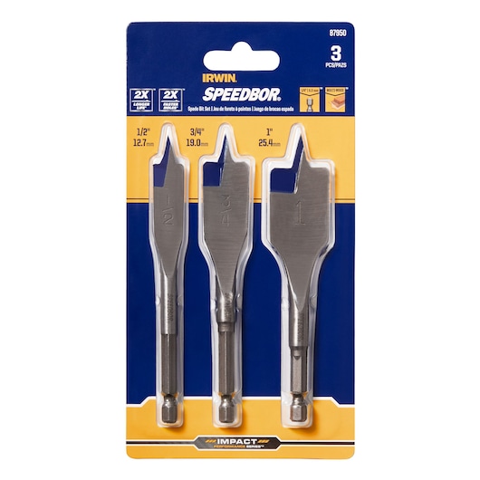 IRWIN 87950 spade bit set, three silver bits in 1/2, 3/4, and 1 inch sizes, front packaging, photography.