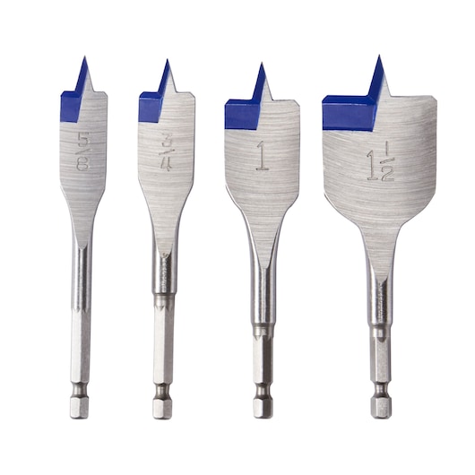 IRWIN 87954 flat wood drill bit set with blue tips, four sizes, front angle, white background