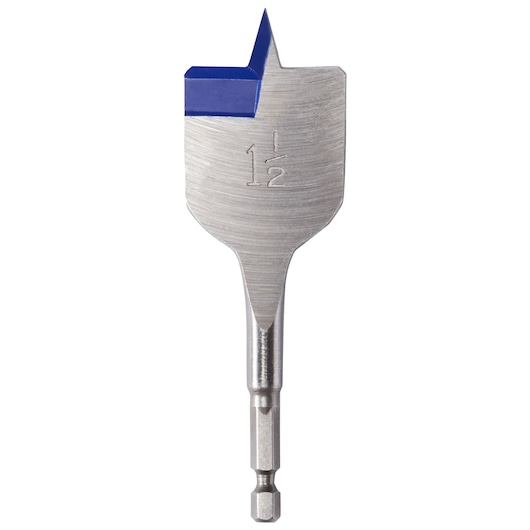IRWIN 87954 spade drill bit with blue tip, 1-1/2 inch size, front angle photo on white background.