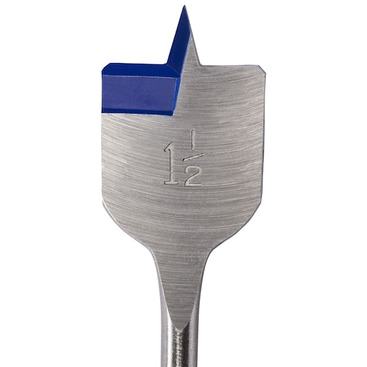 IRWIN 87954 flat spade drill bit with blue cutting edge, 1.5 inch, front angle, on white background.