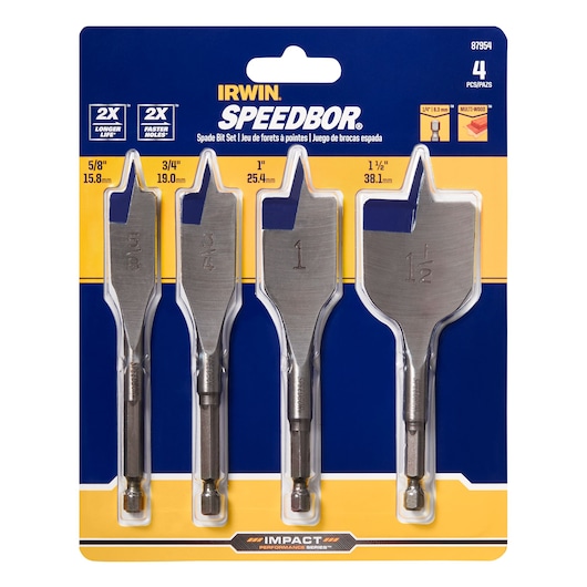 IRWIN 87954 spade bit set, four-piece set in packaging, assorted sizes, front angle on white background.