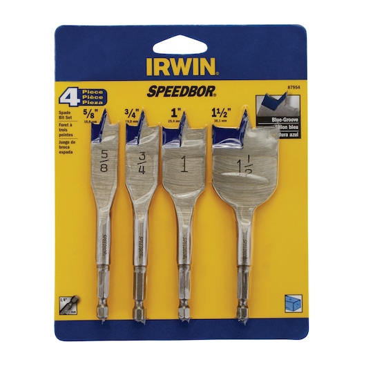 IRWIN 87954 spade bit set, 4-piece, SPEEDBOR, sizes 5/8, 3/4, 1, 1-1/2 inch, front packaging view on white background.