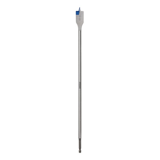 IRWIN 88714 long flat spade drill bit with hex shank, silver metal finish, front angle on white background.