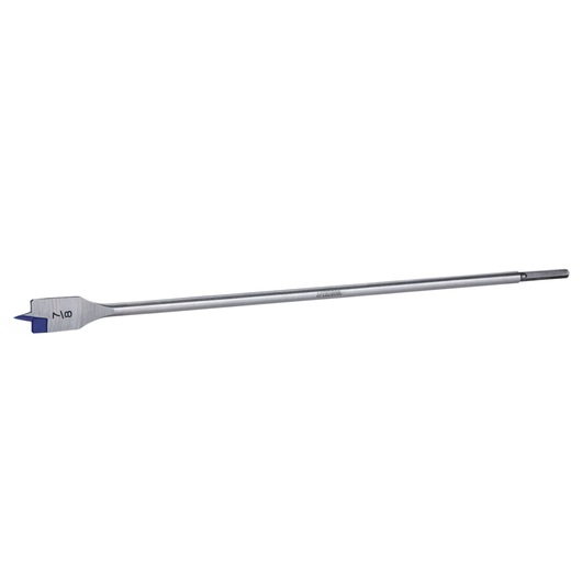 Photo of IRWIN extra long flat spade drill bit, SKU 88714, silver with blue tip, side angle on white background.