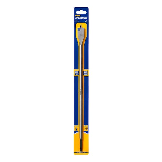 IRWIN 88714 Speedbor long spade drill bit in retail packaging, front angle, yellow and blue design.