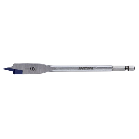 IRWIN Speedbor flat wood drill bit with hex shank, silver and blue tip, SKU 88808, side view on white background.