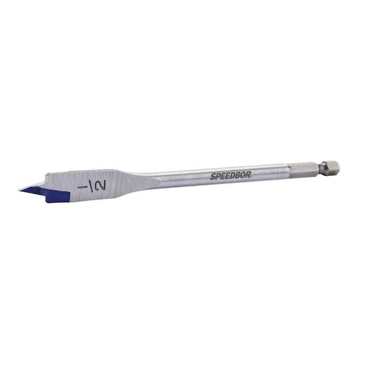 IRWIN 88808 flat wood drill bit with blue tip, SPEEDBOR branding, side angle on white background.