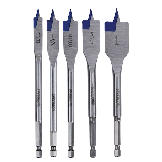 IRWIN 88885 set of five flat spade drill bits with blue tips and size markings, front view on white background.