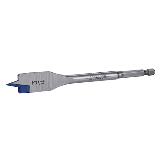 IRWIN 88885 flat spade drill bit with blue tip, shown on white background, side angle.