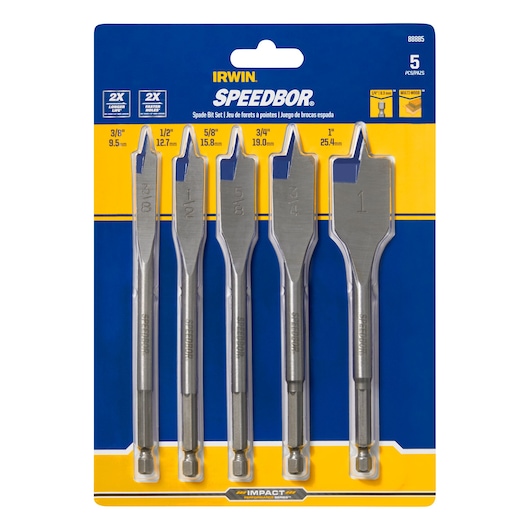 IRWIN 88885 spade bit set, 5-piece, silver, photography on white background, drill accessory