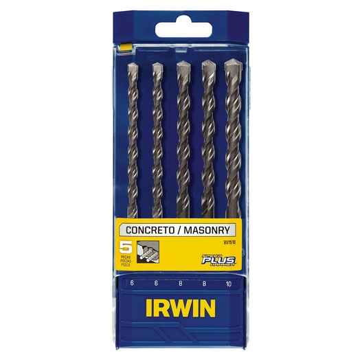 Photo of IRWIN 891518 masonry drill bit set, 5 pieces in blue and yellow packaging, front view on white background.