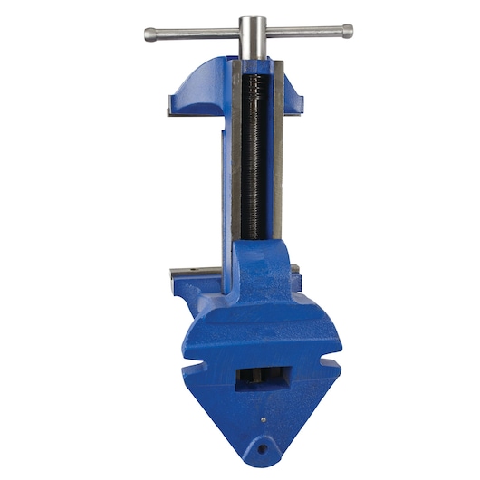 IRWIN 8ZR blue bench vise front angle, silver handle, heavy-duty metal construction.