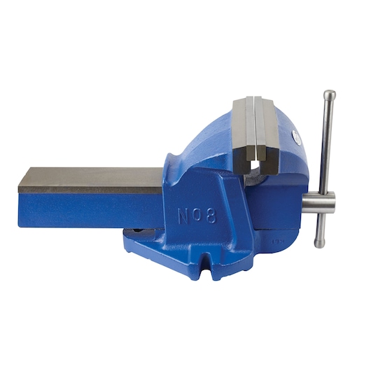 IRWIN 8ZR blue bench vise, side view on white background, heavy-duty cast iron construction.