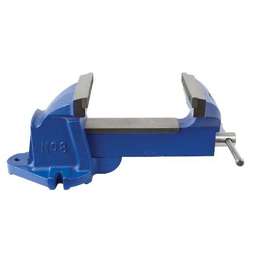 IRWIN 8ZR blue bench vise, side view on white background, metal jaws and handle visible.