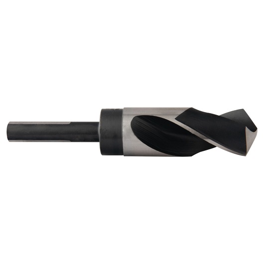 IRWIN 90176 steel drill bit, side view, with black and silver spiral design, on white background.