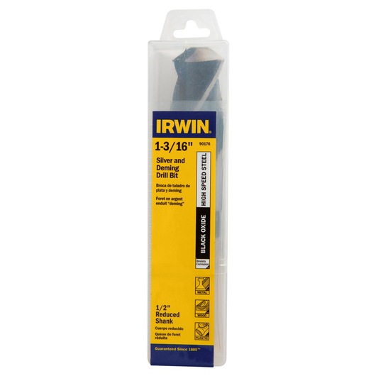 Photo of IRWIN 90176 Silver and Deming drill bit in retail packaging, front angle, yellow and blue label visible.