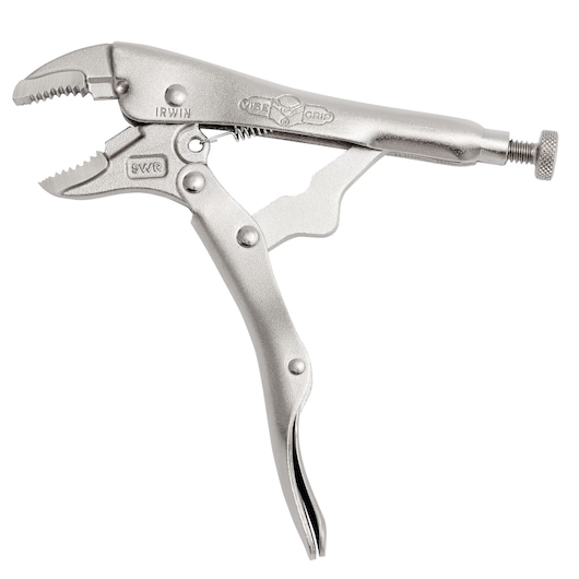 IRWIN 902L3 silver locking pliers side view with curved jaws and adjustment screw on white background.