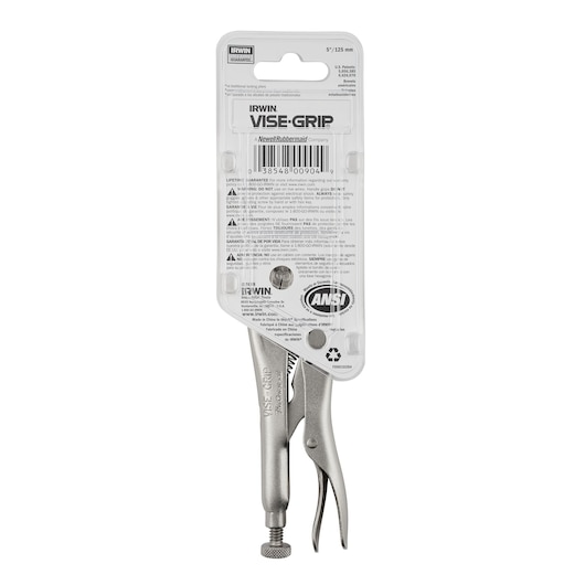 IRWIN VISE-GRIP locking pliers with a metallic finish, packaged in a clear plastic container with product information and barcode visible.