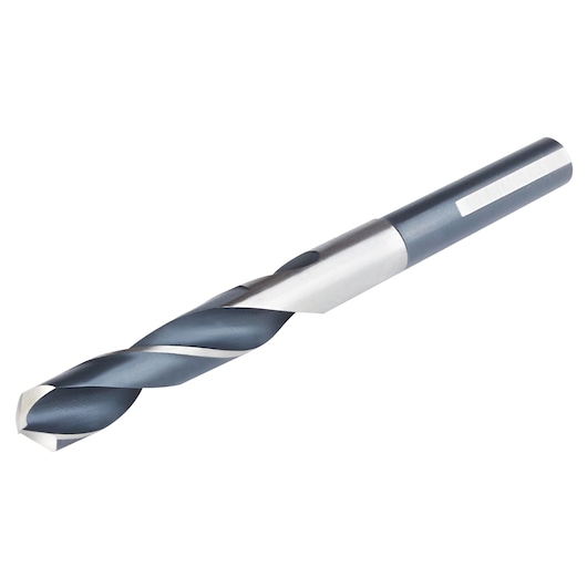 IRWIN 91134 metal drill bit, silver and dark gray, side angle, on white background.