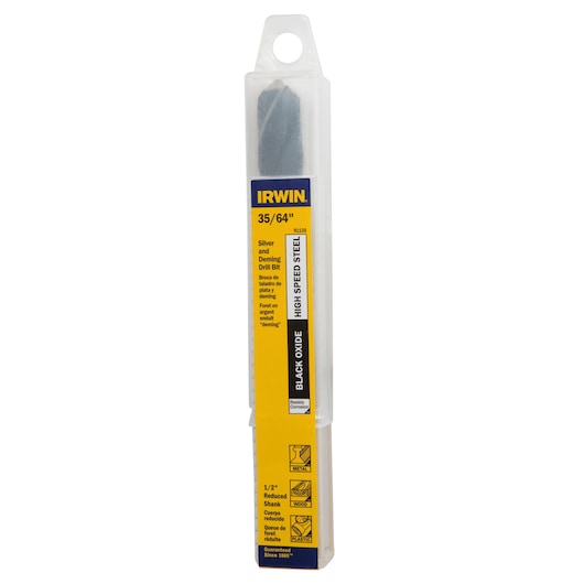 IRWIN 91135 high speed steel drill bit in clear plastic case, front angle on white background.