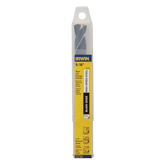 IRWIN 91136 Silver and Deming drill bit in plastic packaging, 9/16 inch size, black oxide high-speed steel, front angle.