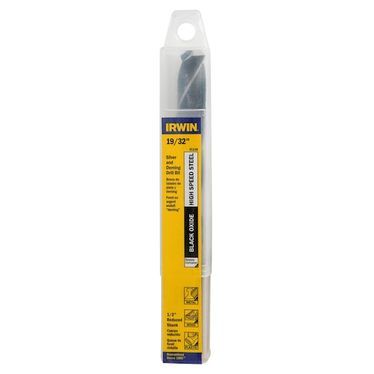 IRWIN 91138 Silver and Deming drill bit in black oxide high-speed steel, 19/32 inch, packaged upright on white background.