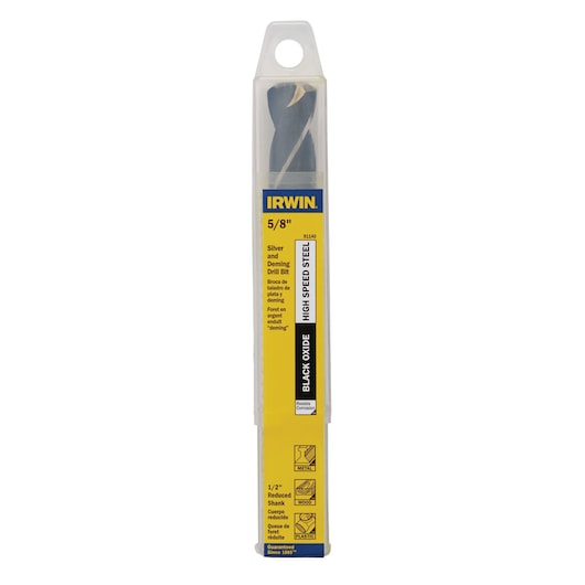 IRWIN 91140 5/8 inch black oxide high speed steel drill bit in clear plastic packaging, front angle.