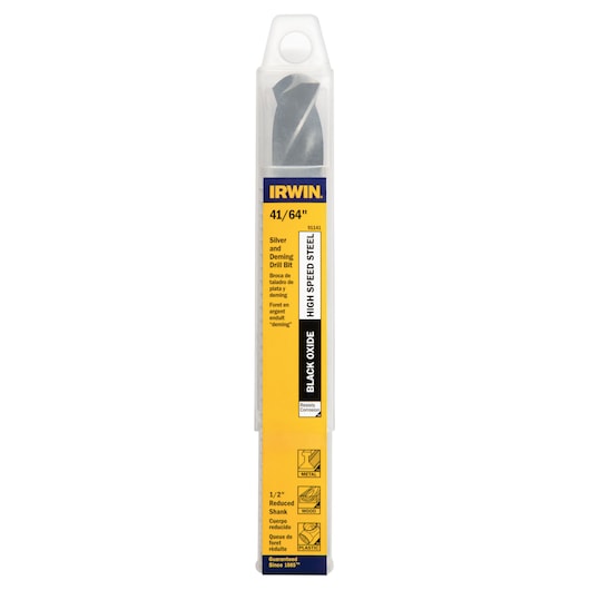 IRWIN 91141 Silver and Deming drill bit in clear plastic case, yellow and blue label, front angle.