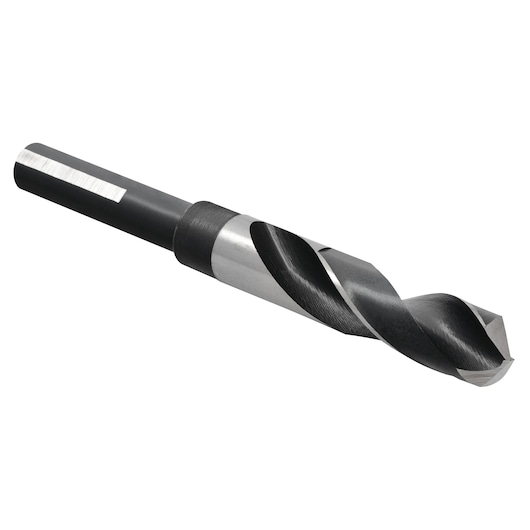 IRWIN 91143 black oxide drill bit, straight shank, spiral flute, left side angle on white background.