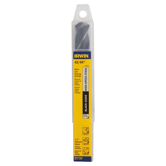 IRWIN 91143 Silver and Deming drill bit in yellow and blue packaging, front view, labeled for metal, wood, and plastic.