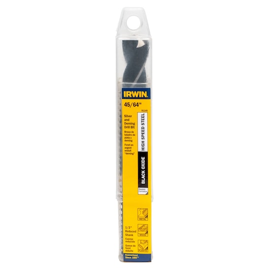 IRWIN 91145 Silver and Deming drill bit in plastic case, 45/64 inch, high-speed steel, black oxide, front angle.