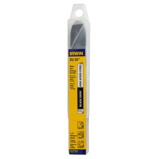 IRWIN 91150 Silver and Deming drill bit in yellow and blue packaging, front angle, 25/32 inch size.