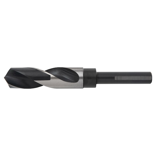 Photo of IRWIN 91156 black and silver drill bit with a straight shank on white background, side view.